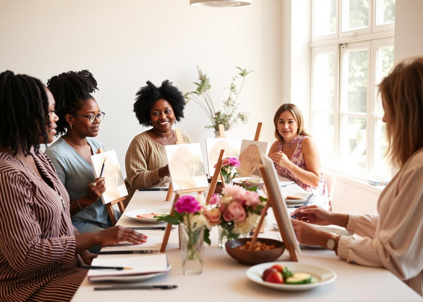 Women entrepreneurs painting and sharing brunch at a wellness gathering